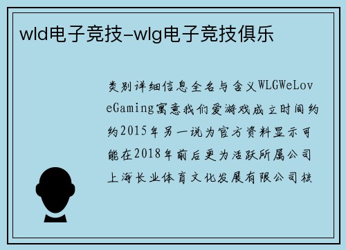 wld电子竞技-wlg电子竞技俱乐